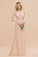 Elegant A-line Halter Keyhole Backless Floor Length Chiffon Bridesmaid Dresses