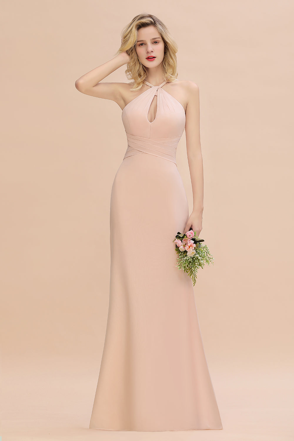 Elegant A-line Halter Keyhole Backless Floor Length Chiffon Bridesmaid Dresses