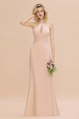 Elegant A-line Halter Keyhole Backless Floor Length Chiffon Bridesmaid Dresses
