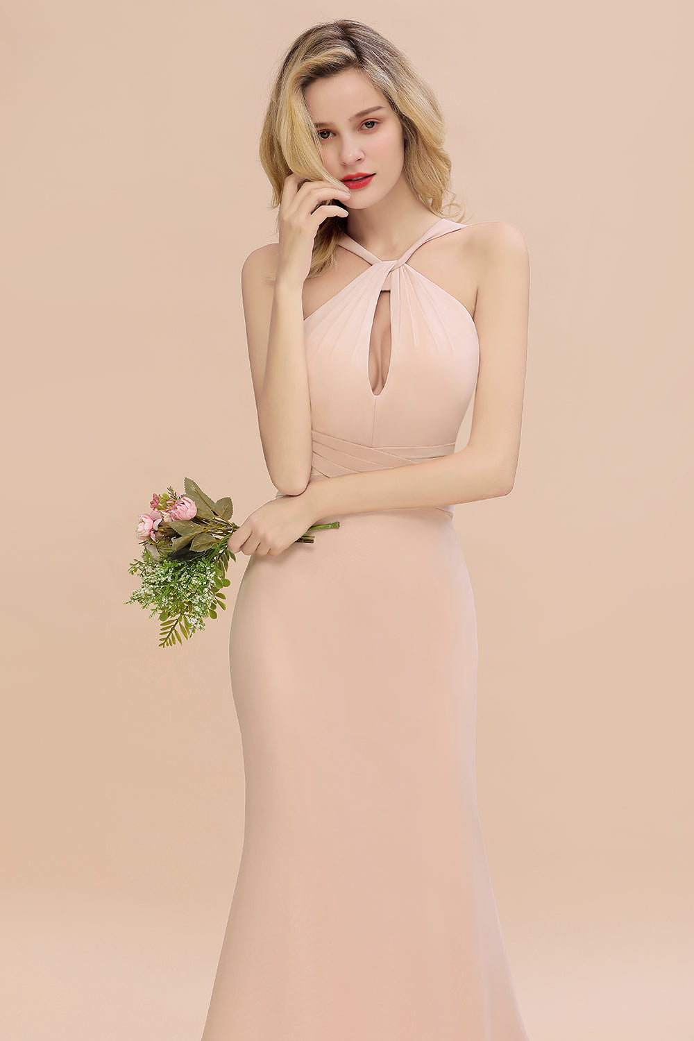 Elegant A-line Halter Keyhole Backless Floor Length Chiffon Bridesmaid Dresses