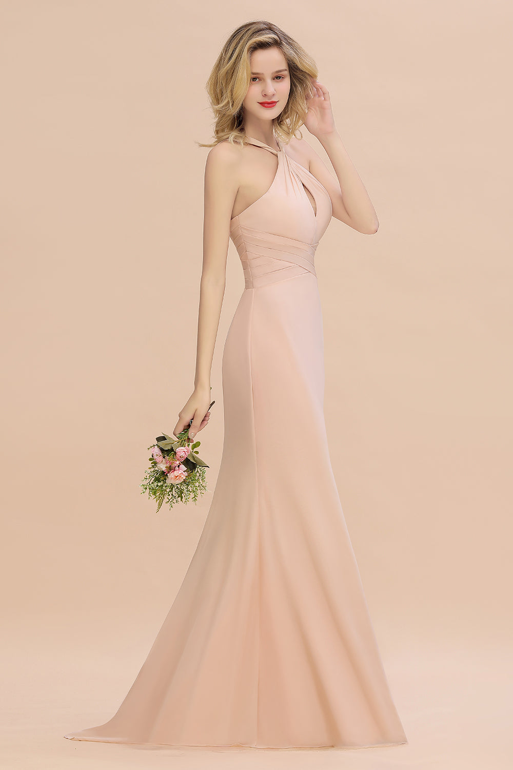 Elegant A-line Halter Keyhole Backless Floor Length Chiffon Bridesmaid Dresses