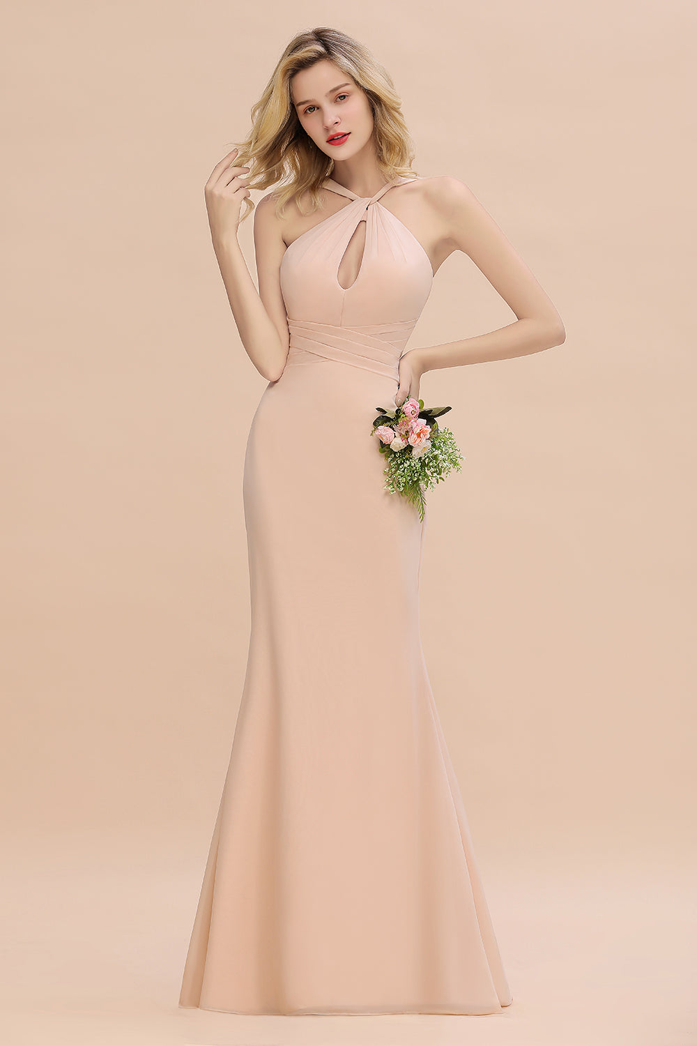 Elegant A-line Halter Keyhole Backless Floor Length Chiffon Bridesmaid Dresses