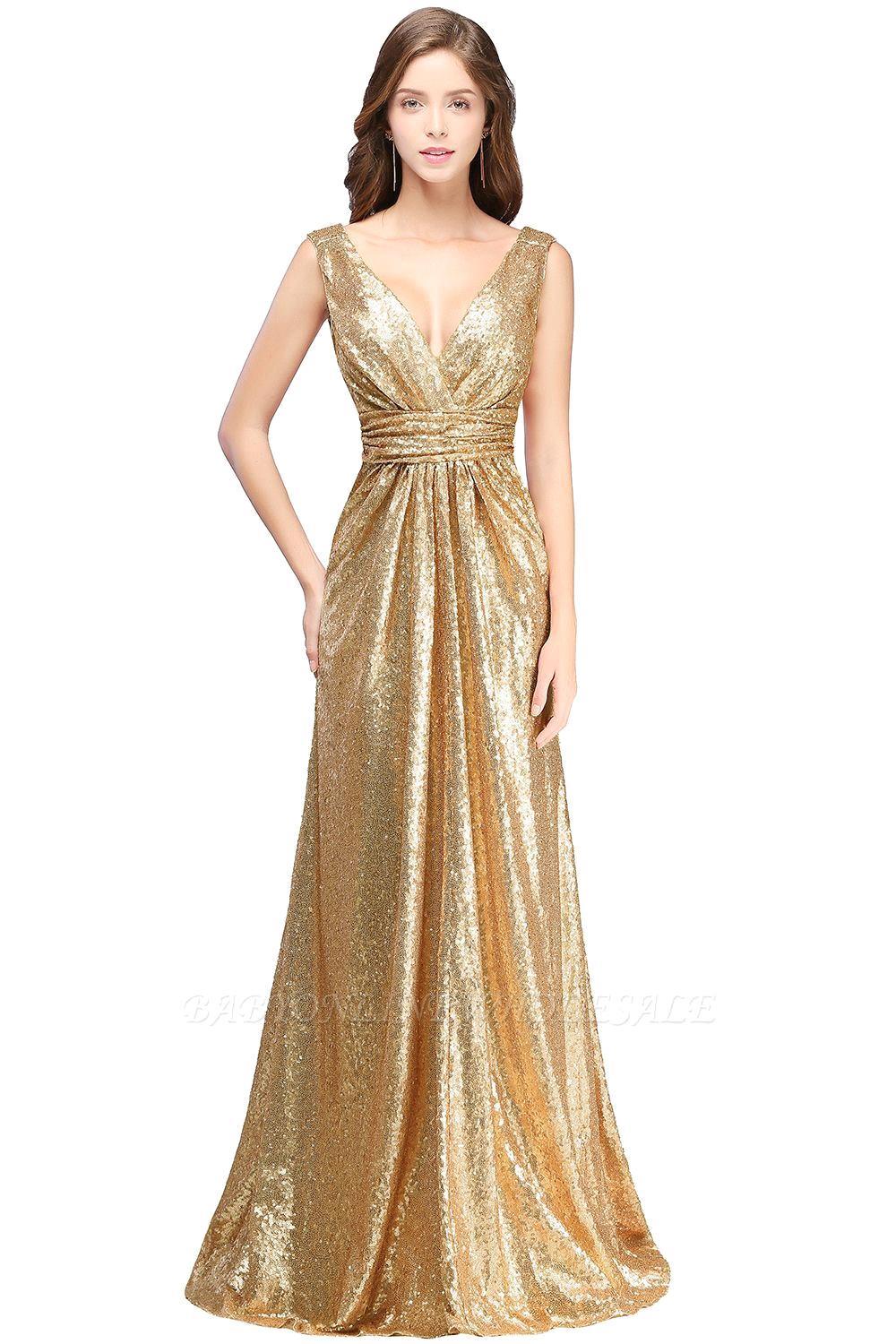 Elegant A-line Sequined V-Neck Sleeveless Floor Length Bridesmaid Dresses