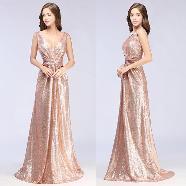 Elegant A-line Sequined V-Neck Sleeveless Floor Length Bridesmaid Dresses