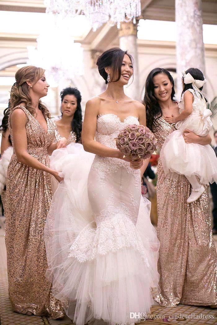 Elegant A-line Sequined V-Neck Sleeveless Floor Length Bridesmaid Dresses