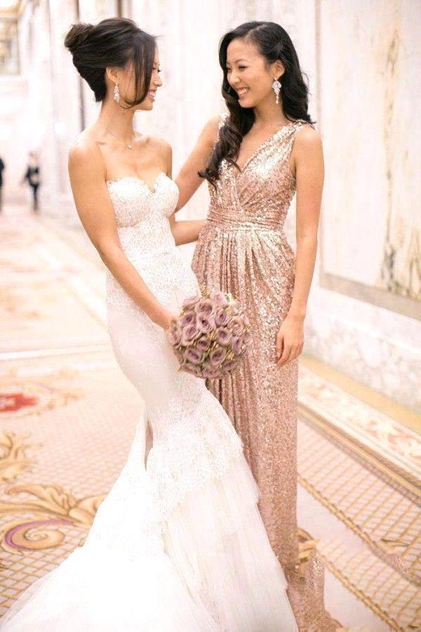 Elegant A-line Sequined V-Neck Sleeveless Floor Length Bridesmaid Dresses