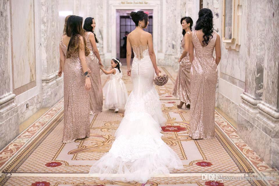 Elegant A-line Sequined V-Neck Sleeveless Floor Length Bridesmaid Dresses