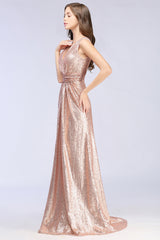 Elegant A-line Sequined V-Neck Sleeveless Floor Length Bridesmaid Dresses