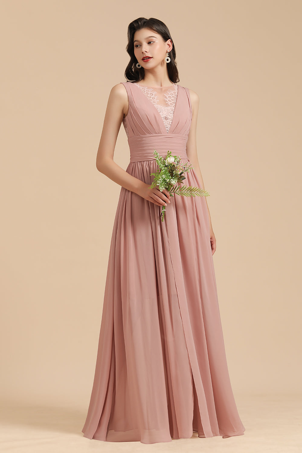 Elegant A-line Straps Dusty Rose Lace Tulle Long Bridesmaid Dress