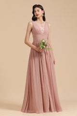Elegant A-line Straps Dusty Rose Lace Tulle Long Bridesmaid Dress