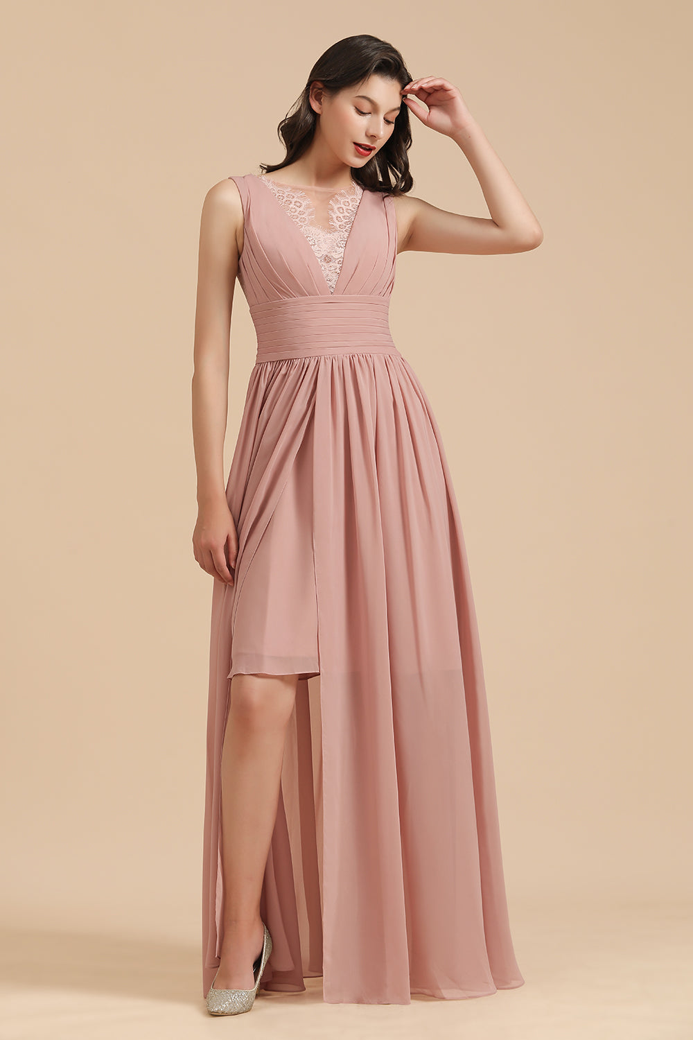 Elegant A-line Straps Dusty Rose Lace Tulle Long Bridesmaid Dress