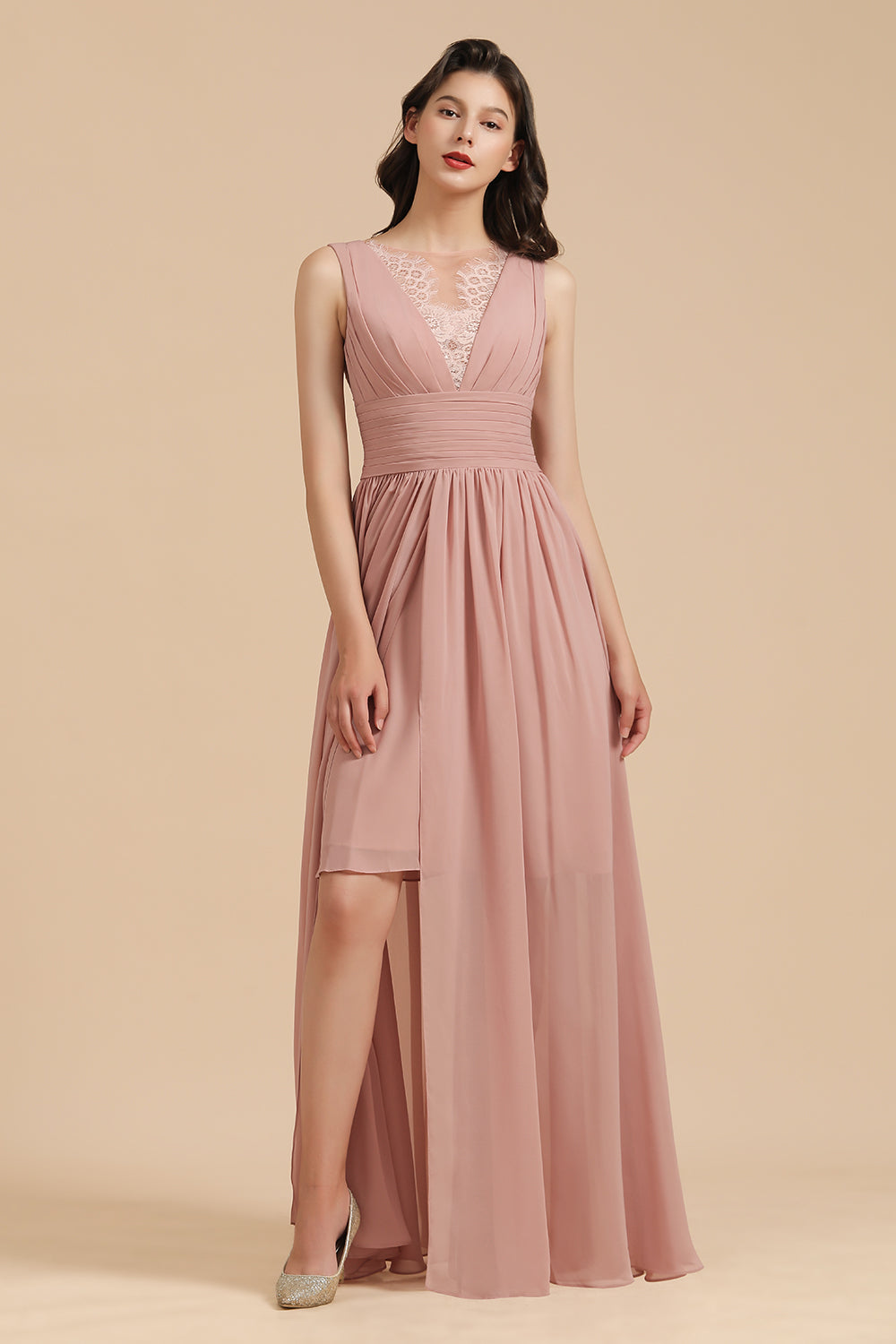 Elegant A-line Straps Dusty Rose Lace Tulle Long Bridesmaid Dress