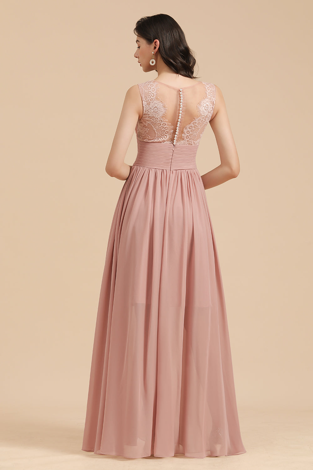 Elegant A-line Straps Dusty Rose Lace Tulle Long Bridesmaid Dress