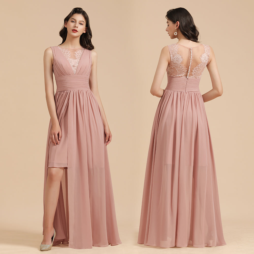 Elegant A-line Straps Dusty Rose Lace Tulle Long Bridesmaid Dress