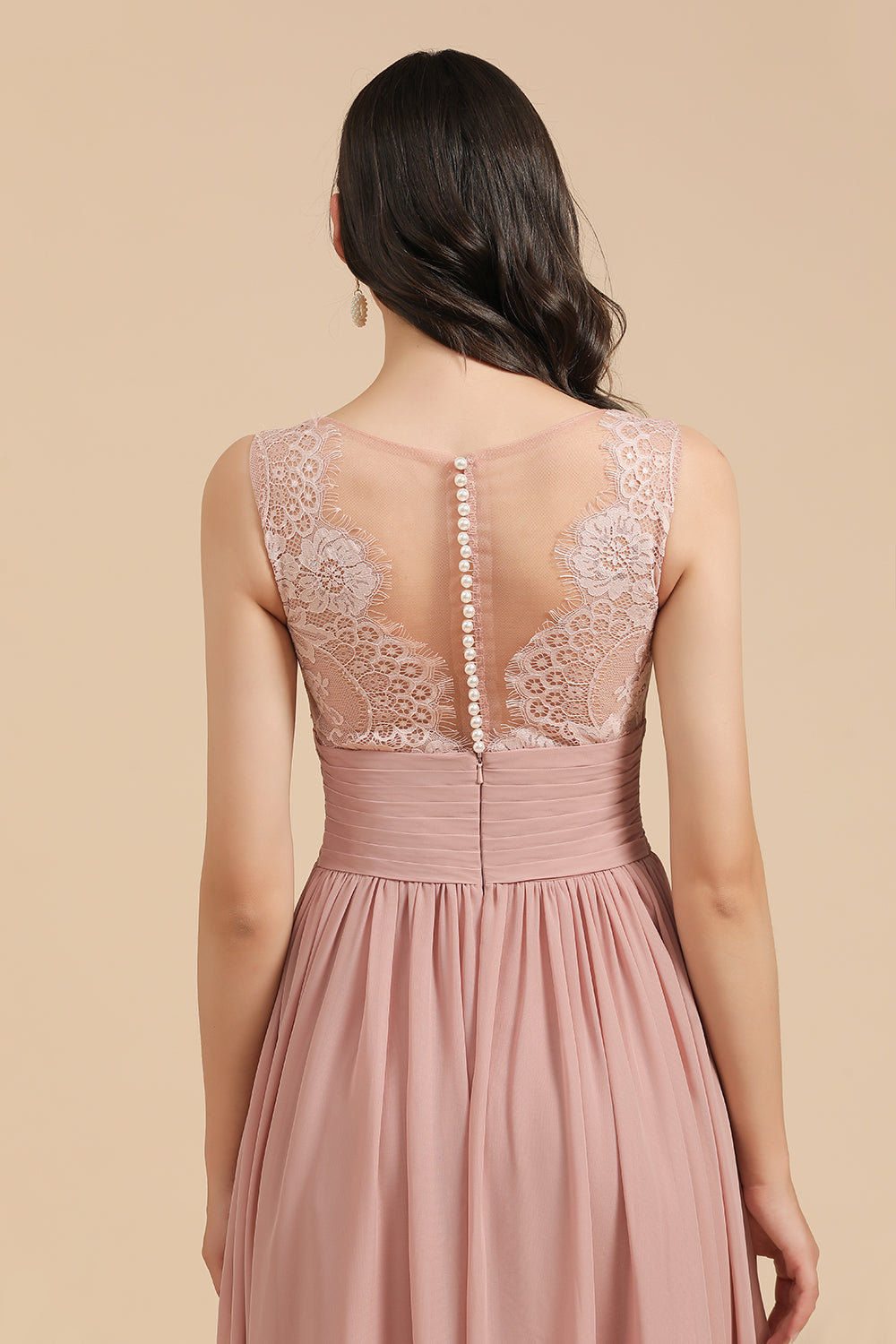 Elegant A-line Straps Dusty Rose Lace Tulle Long Bridesmaid Dress