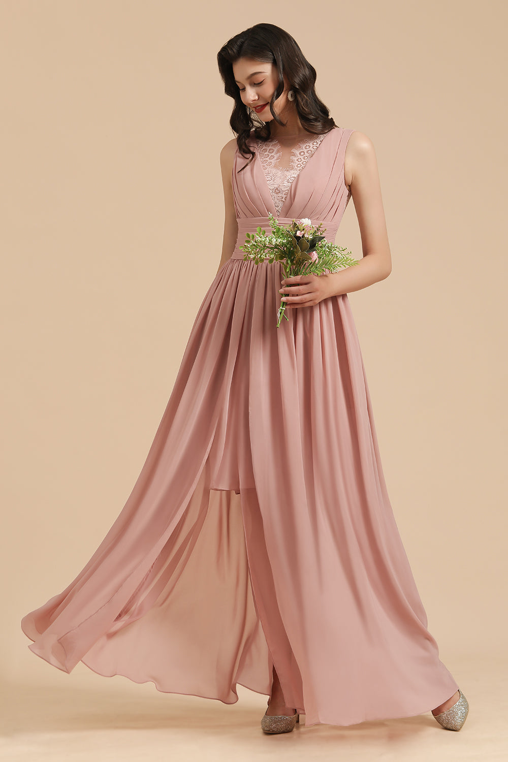 Elegant A-line Straps Dusty Rose Lace Tulle Long Bridesmaid Dress