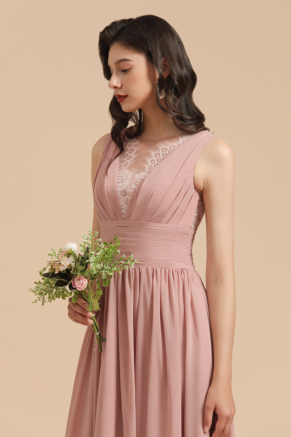 Elegant A-line Straps Dusty Rose Lace Tulle Long Bridesmaid Dress