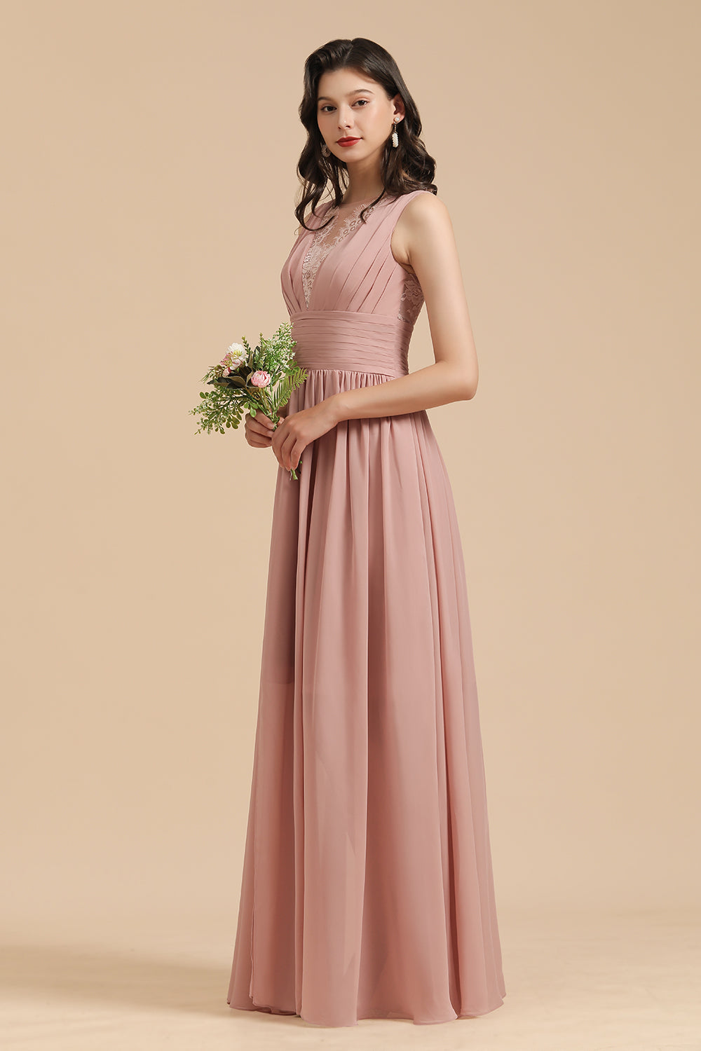 Elegant A-line Straps Dusty Rose Lace Tulle Long Bridesmaid Dress