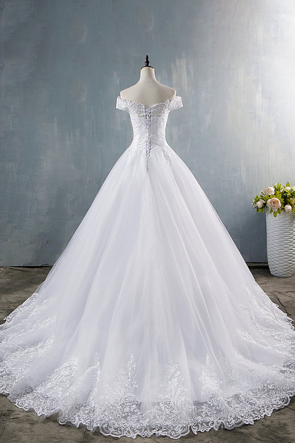 Elegant Long Off The Shoulder Appliques Lace Tulle A-line Wedding Dress