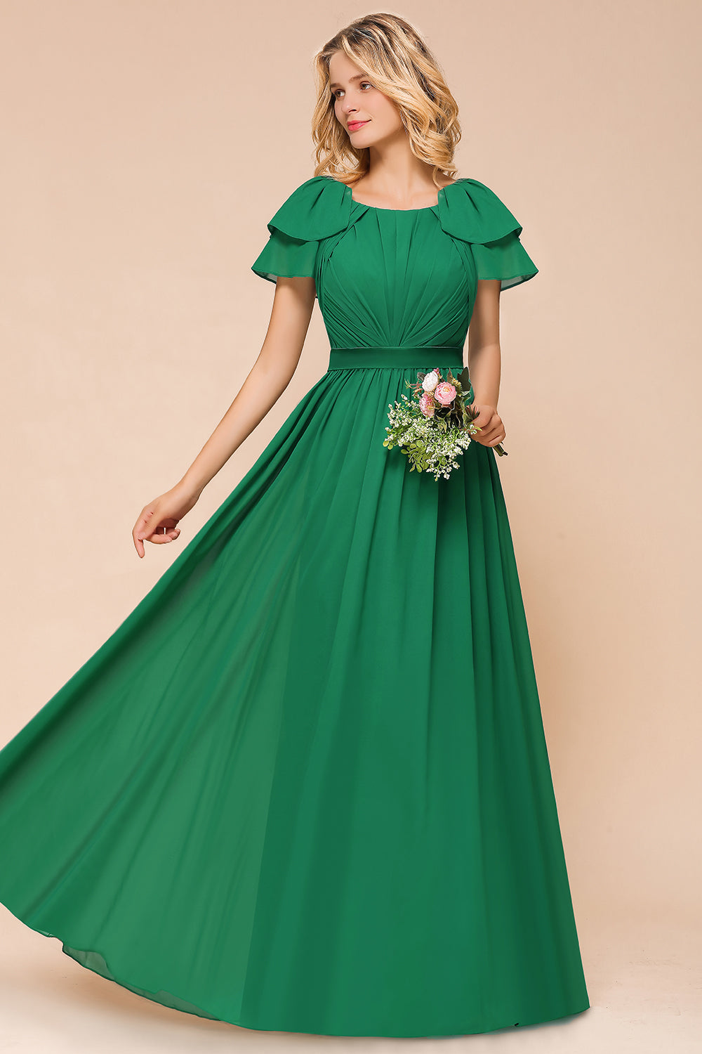 Elegant Bateau Short Sleeves A-line Floor Length Chiffon Ruched Bridesmaid Dress