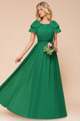 Elegant Bateau Short Sleeves A-line Floor Length Chiffon Ruched Bridesmaid Dress