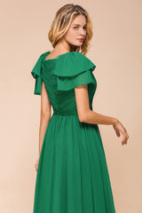 Elegant Bateau Short Sleeves A-line Floor Length Chiffon Ruched Bridesmaid Dress