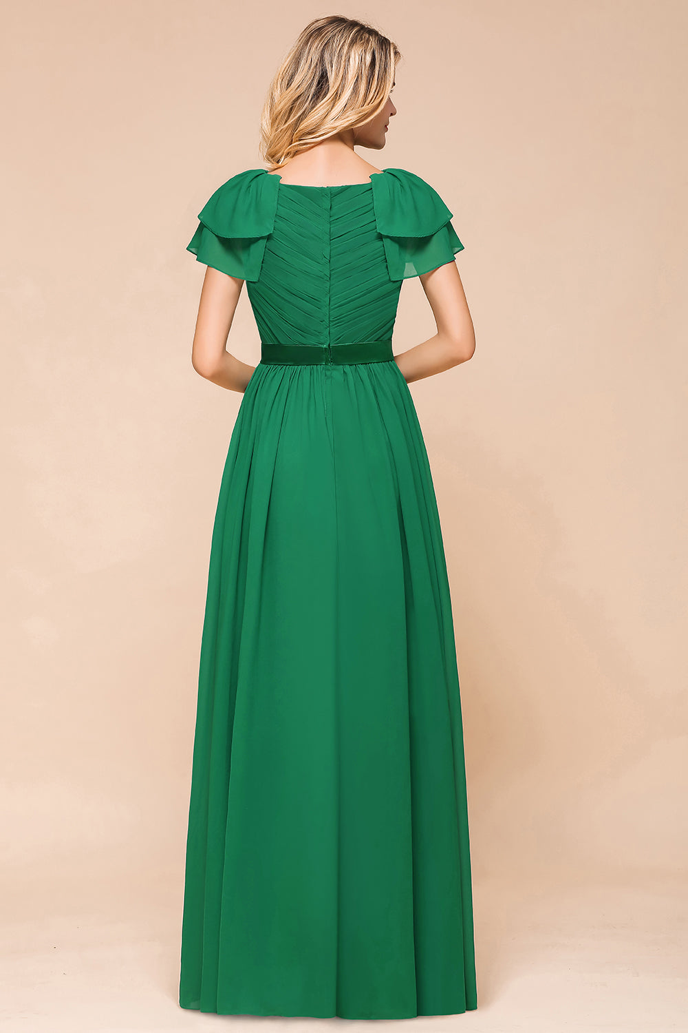 Elegant Bateau Short Sleeves A-line Floor Length Chiffon Ruched Bridesmaid Dress