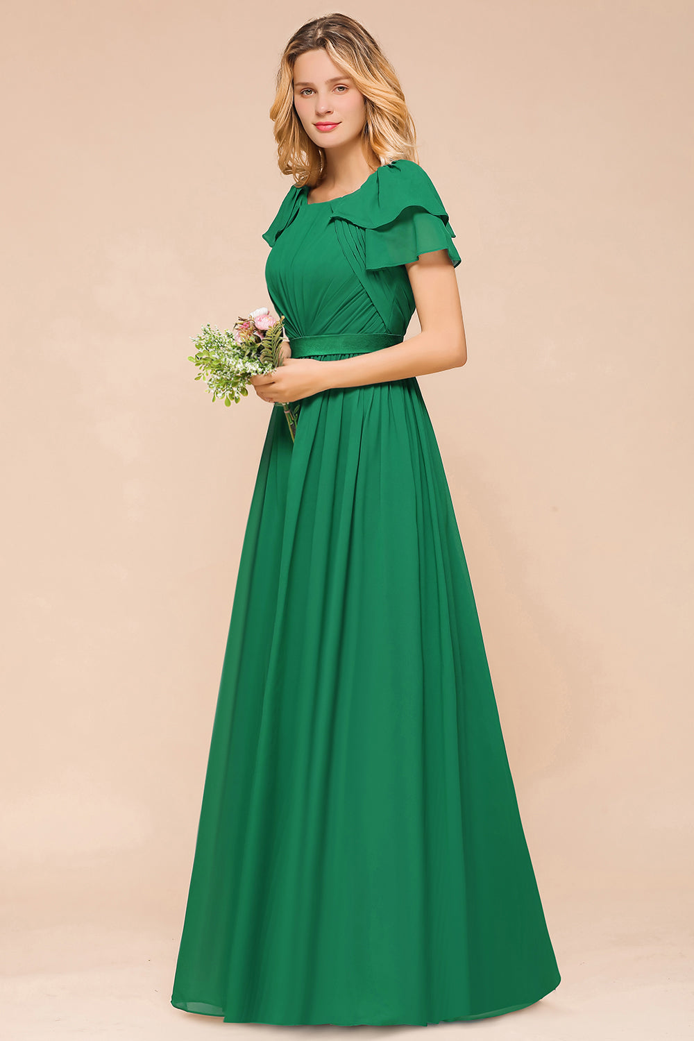 Elegant Bateau Short Sleeves A-line Floor Length Chiffon Ruched Bridesmaid Dress