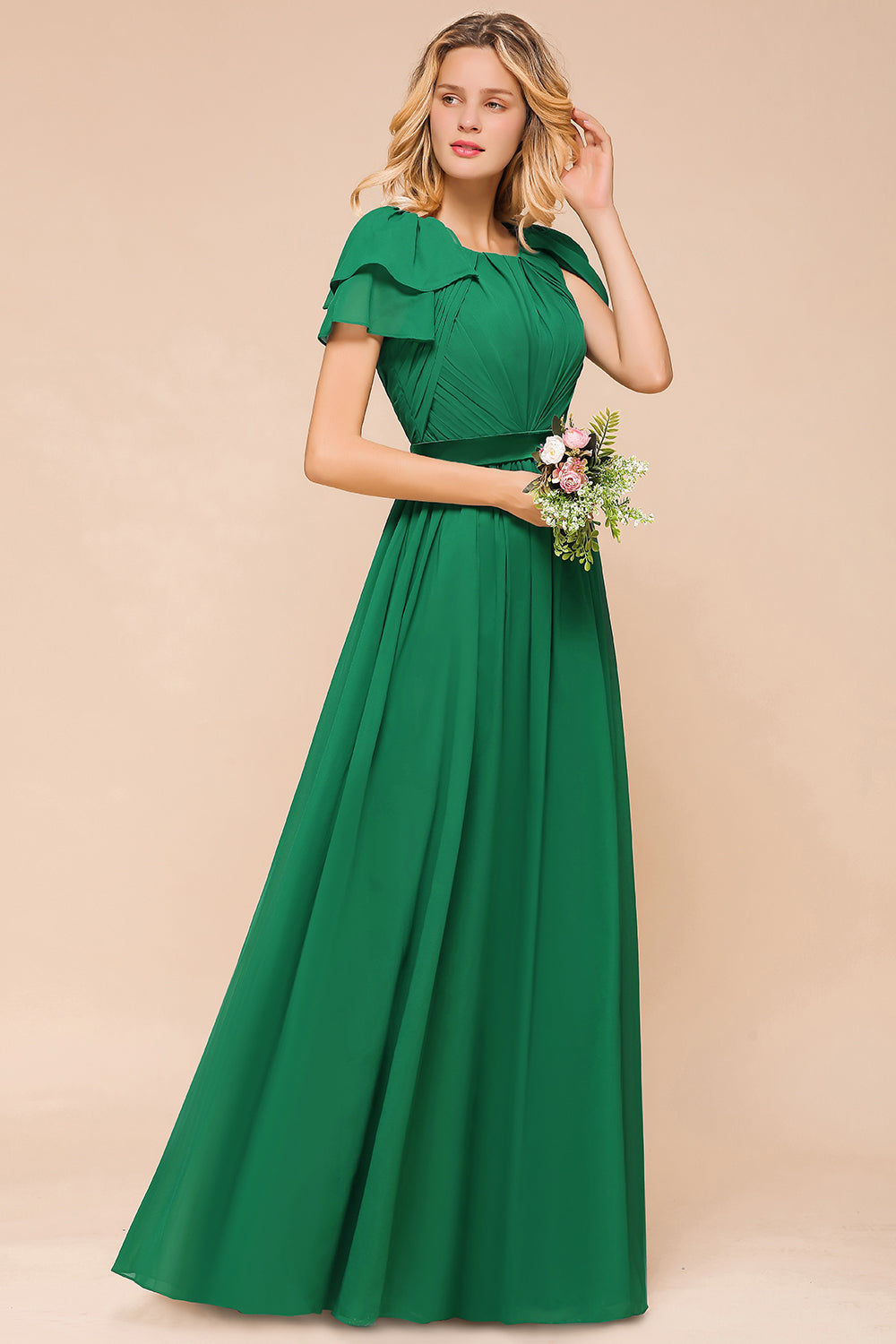 Elegant Bateau Short Sleeves A-line Floor Length Chiffon Ruched Bridesmaid Dress