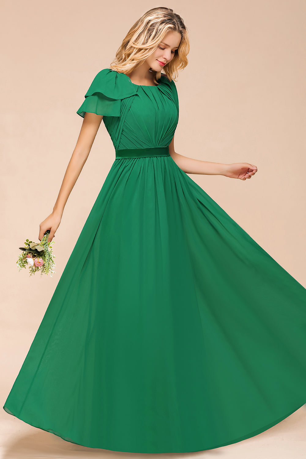 Elegant Bateau Short Sleeves A-line Floor Length Chiffon Ruched Bridesmaid Dress