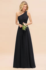 Elegant Black A-line Chiffon Ruffles One Shoulder Long Bridesmaid Dress