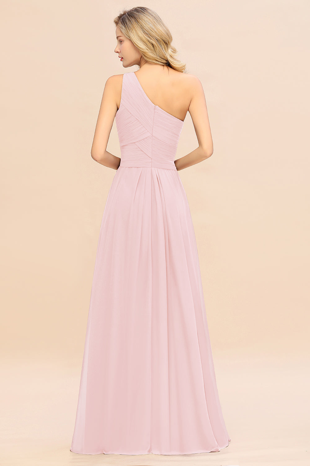 Elegant Blushing Pink A-line Chiffon Ruffles One Shoulder Long Bridesmaid Dress