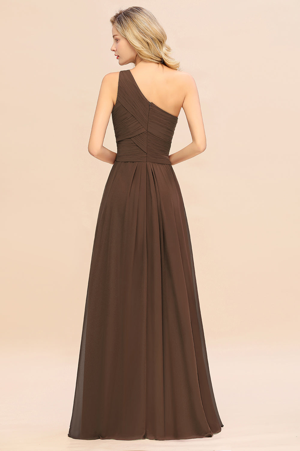Elegant Brown A-line Chiffon Ruffles One Shoulder Long Bridesmaid Dress