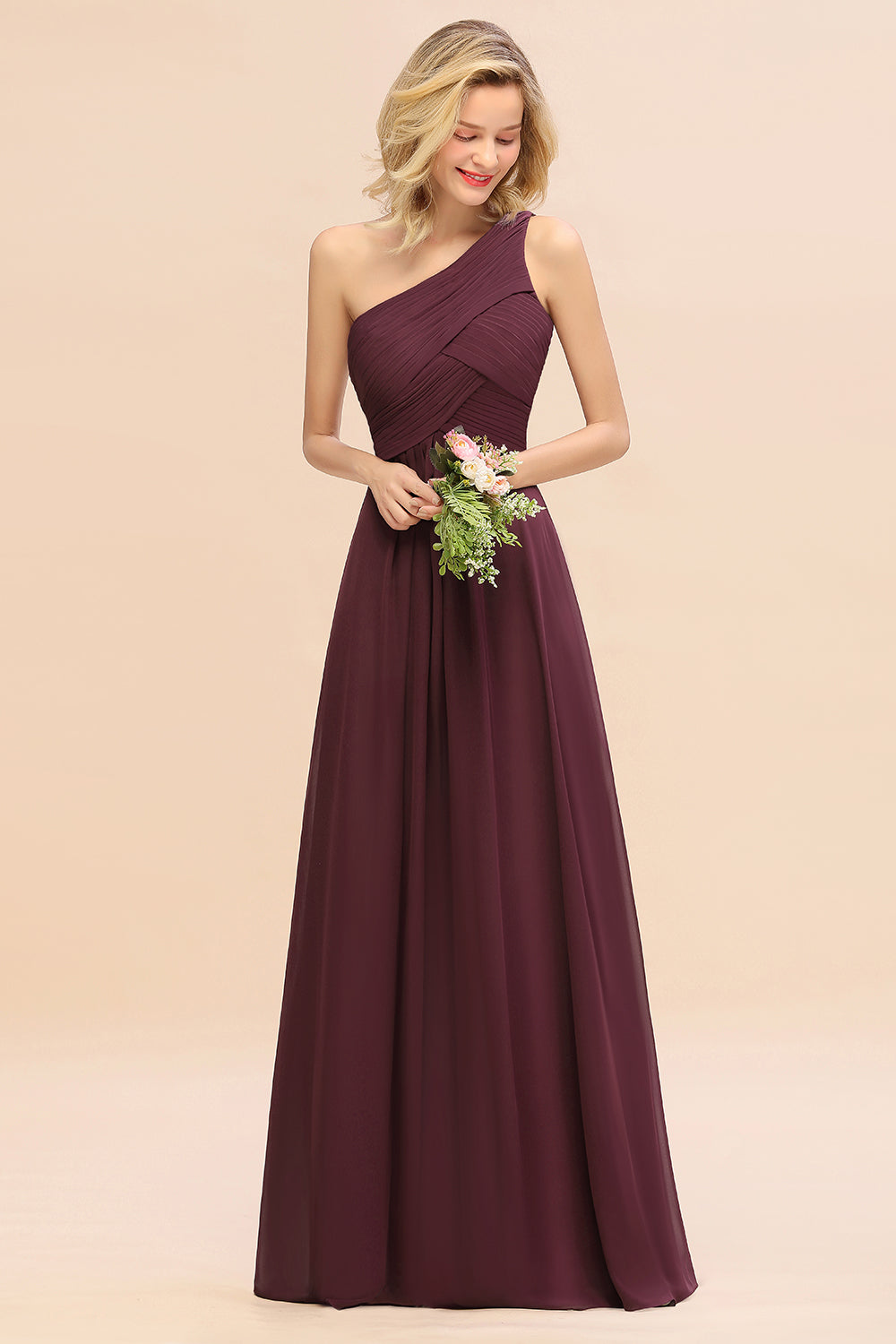 Elegant Cabernet A-line Chiffon Ruffles One Shoulder Long Bridesmaid Dress