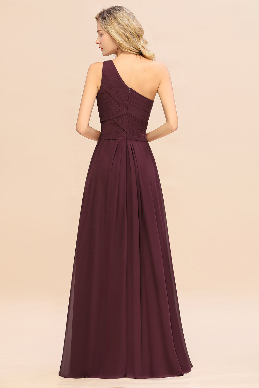 Elegant Cabernet A-line Chiffon Ruffles One Shoulder Long Bridesmaid Dress