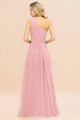 Elegant Candy Pink A-line Chiffon Ruffles One Shoulder Long Bridesmaid Dress