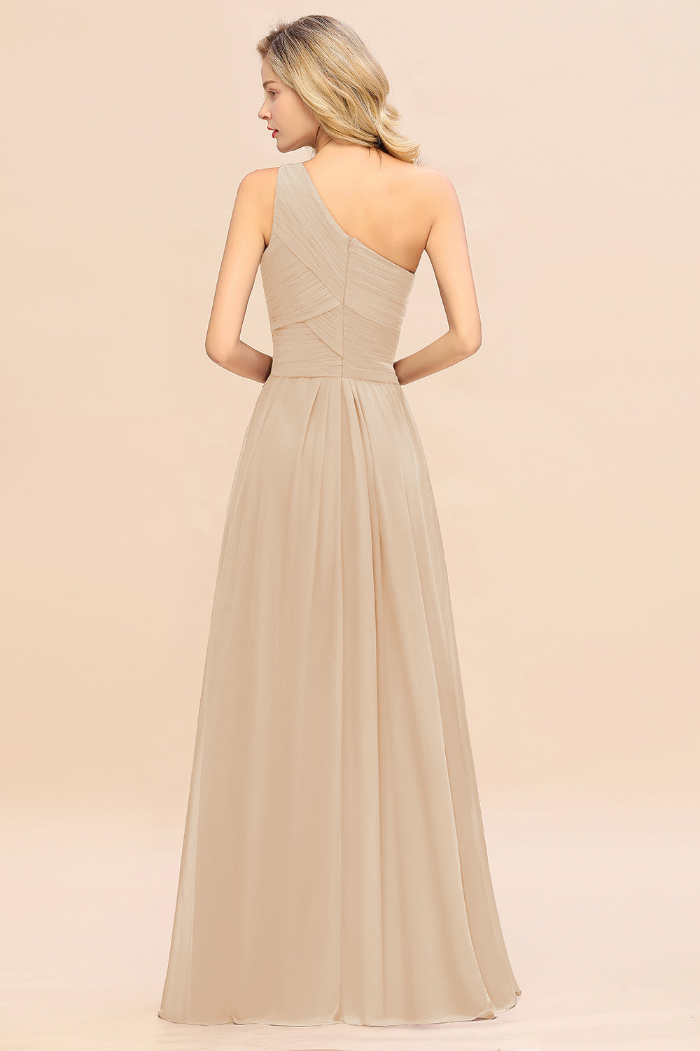 Elegant Champagne A-line Chiffon Ruffles One Shoulder Long Bridesmaid Dress