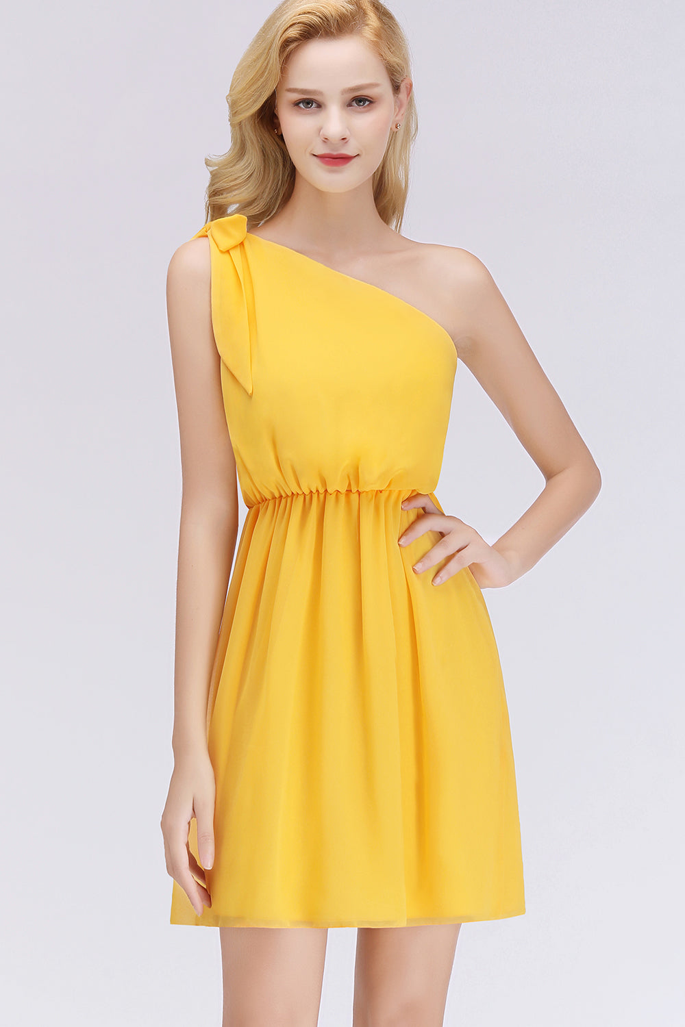 Elegant Chiffon One Shoulder Sleeveless Ruffles Short Bridesmaid Dresses with Bow