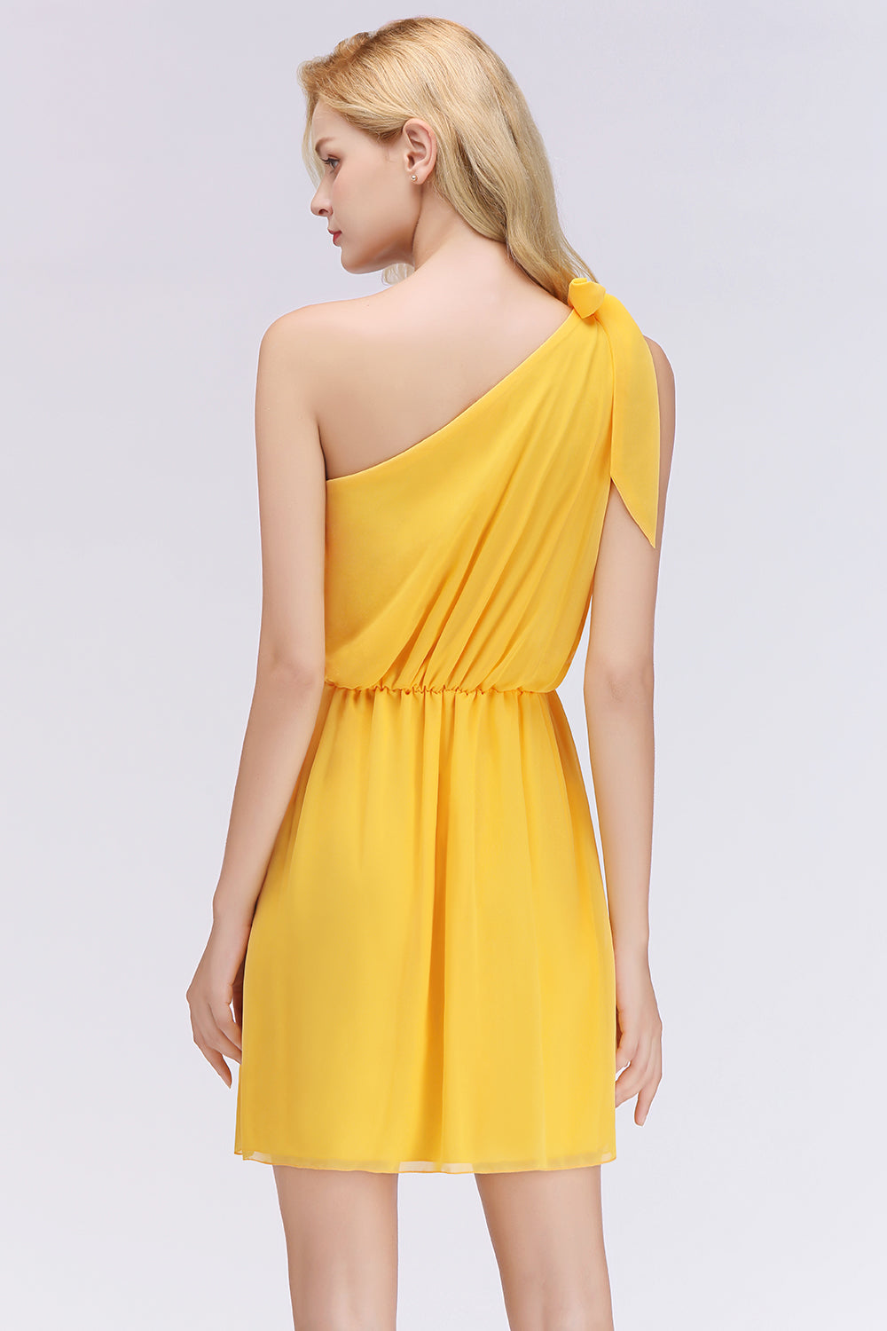 Elegant Chiffon One Shoulder Sleeveless Ruffles Short Bridesmaid Dresses with Bow