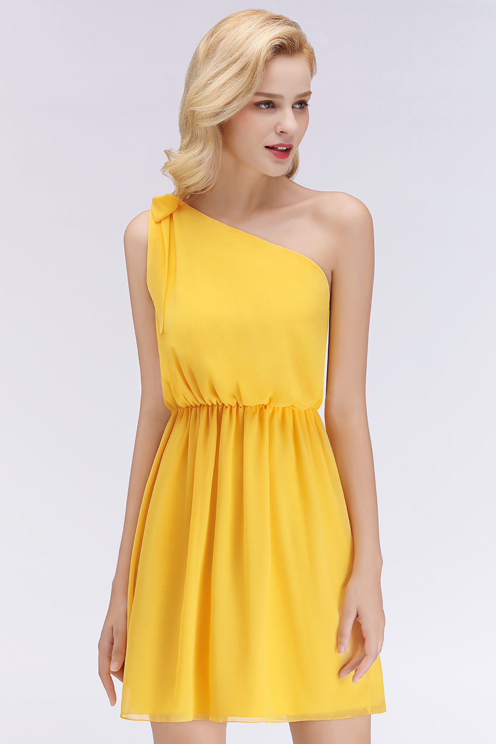 Elegant Chiffon One Shoulder Sleeveless Ruffles Short Bridesmaid Dresses with Bow