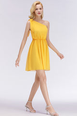 Elegant Chiffon One Shoulder Sleeveless Ruffles Short Bridesmaid Dresses with Bow