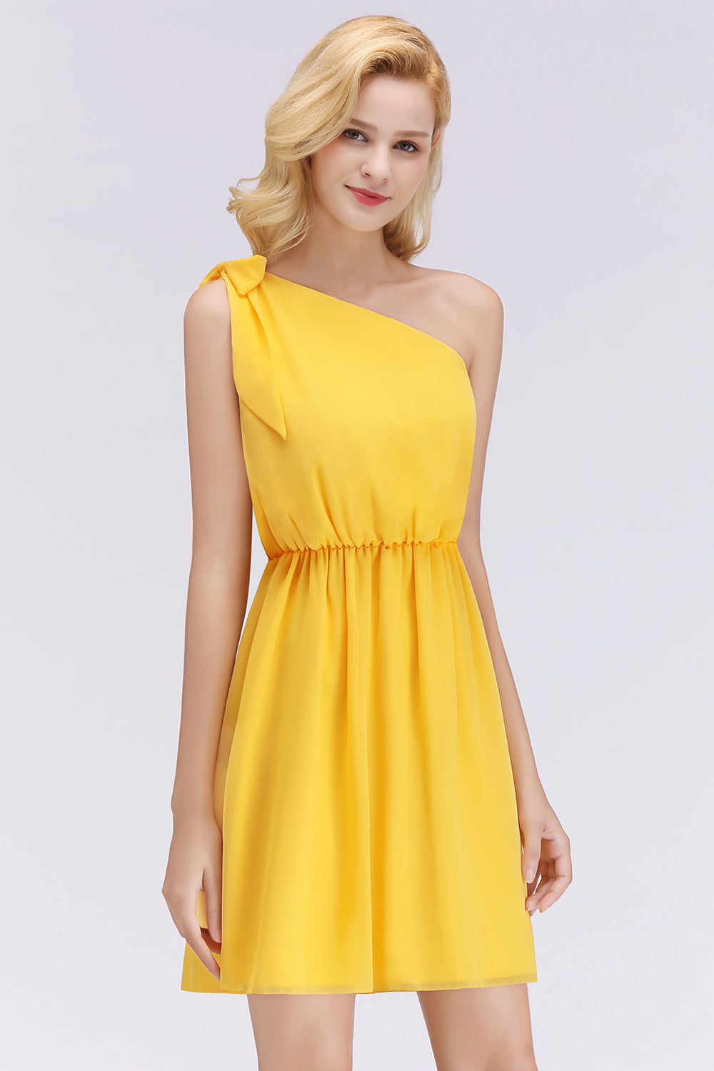 Elegant Chiffon One Shoulder Sleeveless Ruffles Short Bridesmaid Dresses with Bow