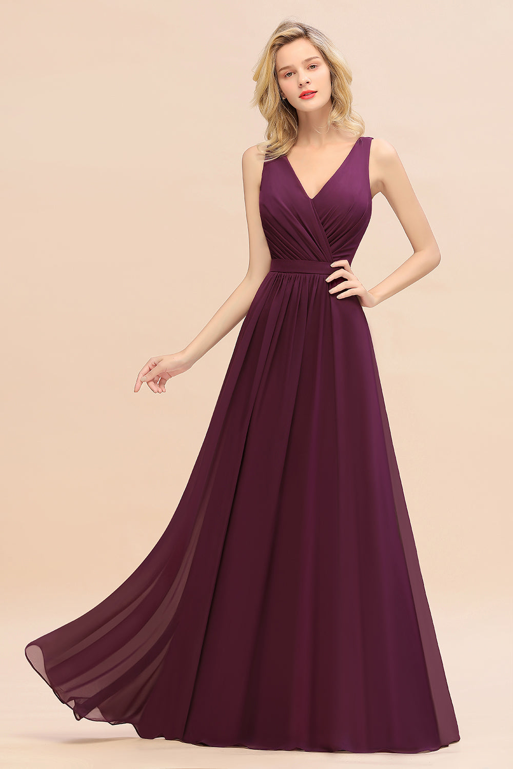Elegant Chiffon V-neck Wide Straps A-line Floor Length Bridesmaid Dress With Bowknot