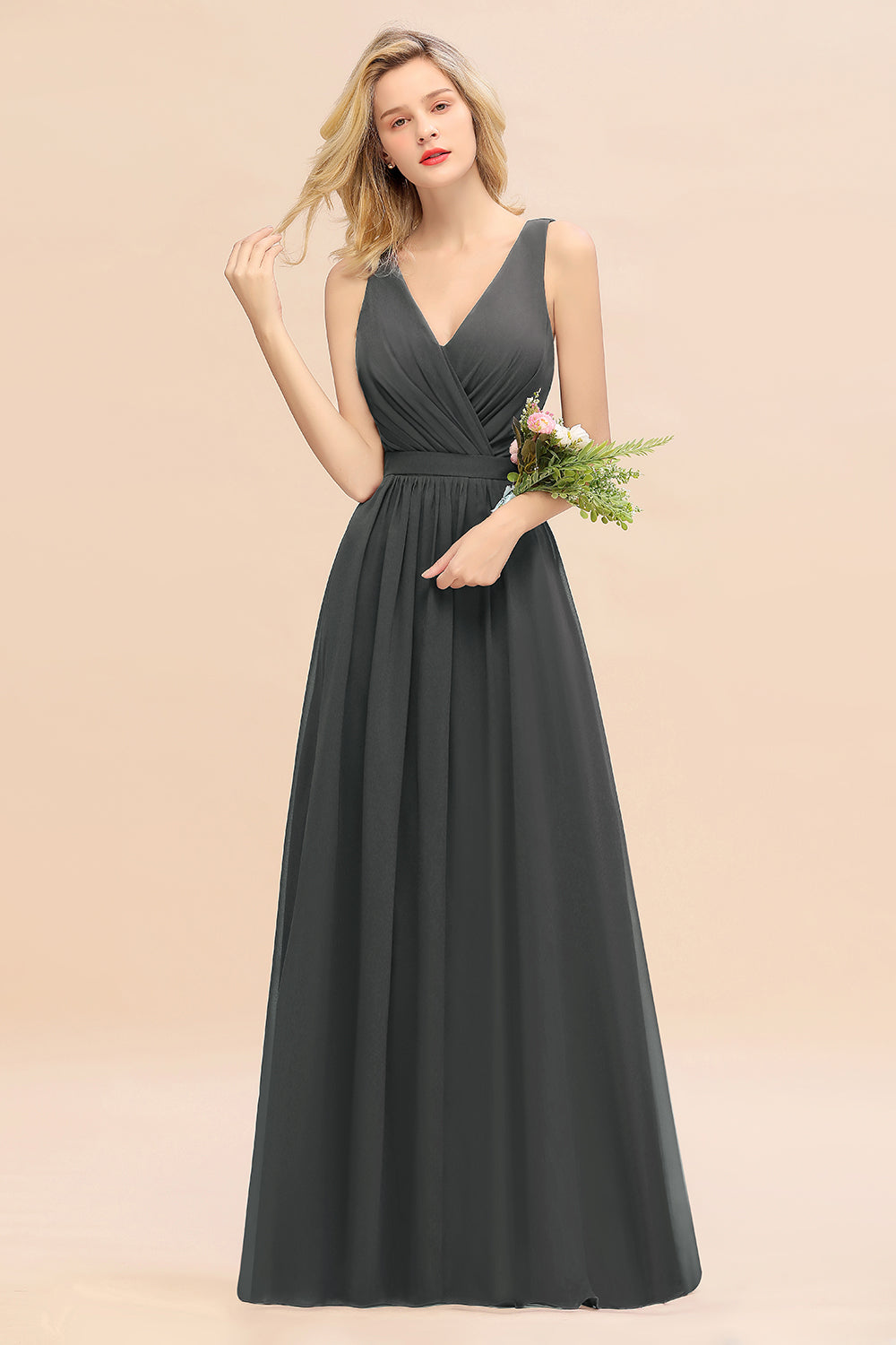 Elegant Chiffon V-neck Wide Straps A-line Floor Length Bridesmaid Dress With Bowknot