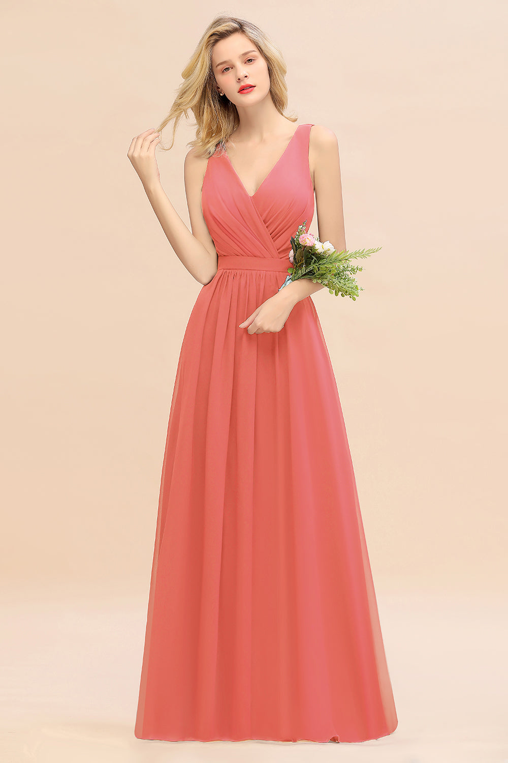 Elegant Chiffon V-neck Wide Straps A-line Floor Length Bridesmaid Dress With Bowknot