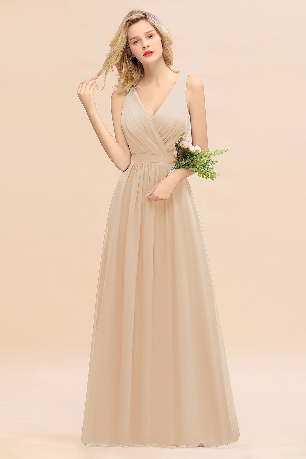 Elegant Chiffon V-neck Wide Straps A-line Floor Length Bridesmaid Dress With Bowknot
