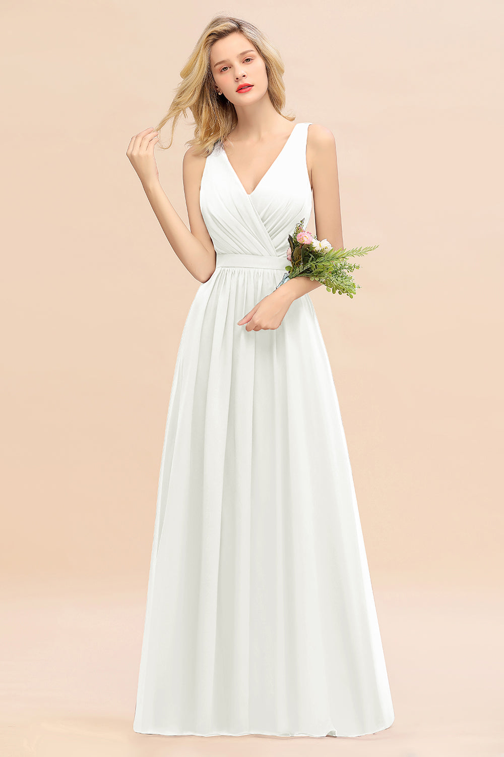 Elegant Chiffon V-neck Wide Straps A-line Floor Length Bridesmaid Dress With Bowknot