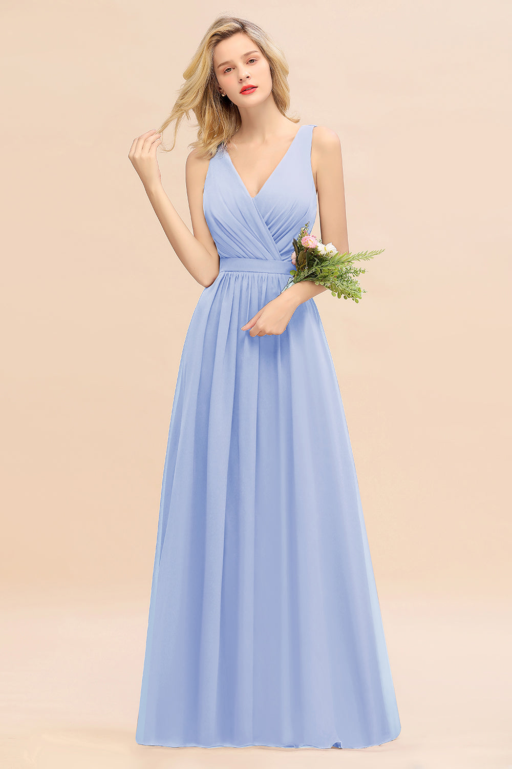 Elegant Chiffon V-neck Wide Straps A-line Floor Length Bridesmaid Dress With Bowknot