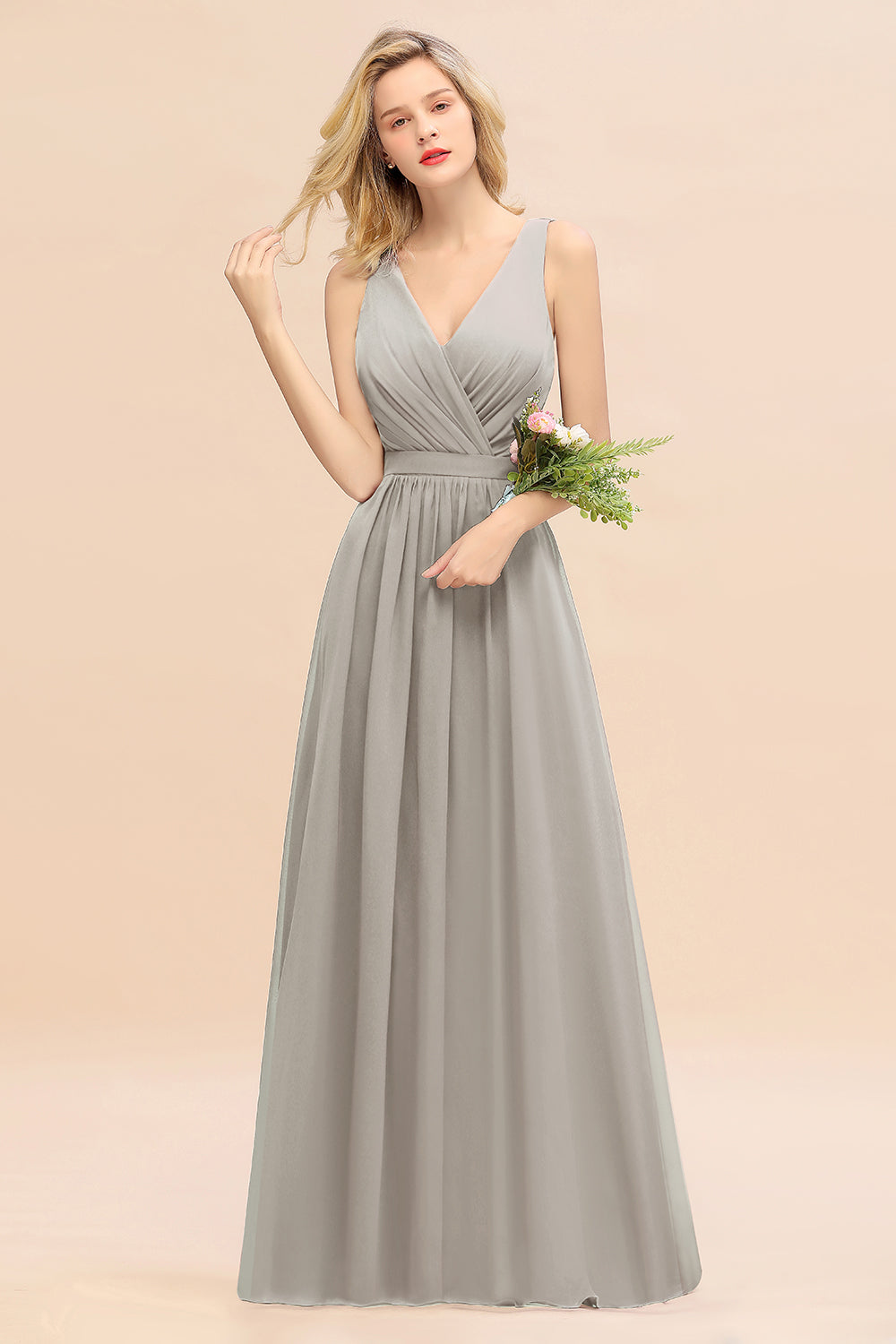 Elegant Chiffon V-neck Wide Straps A-line Floor Length Bridesmaid Dress With Bowknot