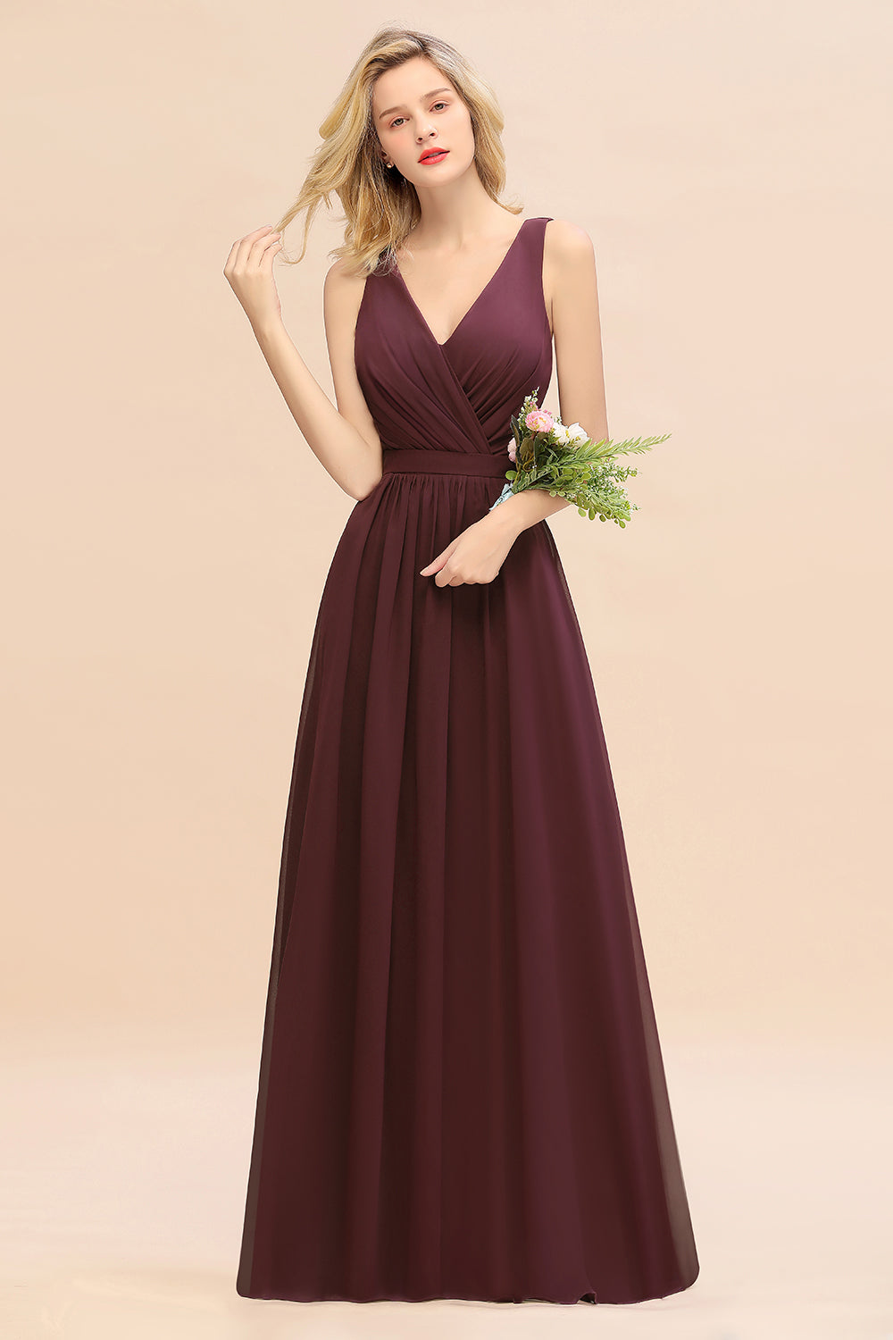 Elegant Chiffon V-neck Wide Straps A-line Floor Length Bridesmaid Dress With Bowknot